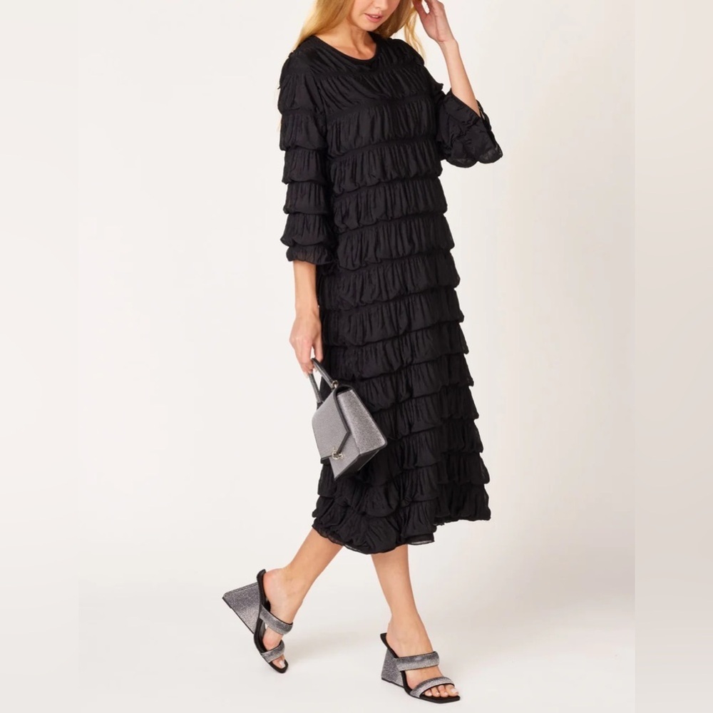 Boutique Dressy Modest Classy Cascade Ruffle Midi Dress Black - Picture 2 of 10